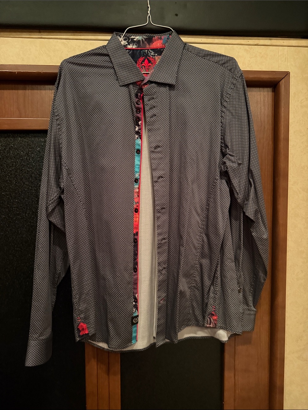 Men's Navy Microdot Dress Shirt with Floral Trim